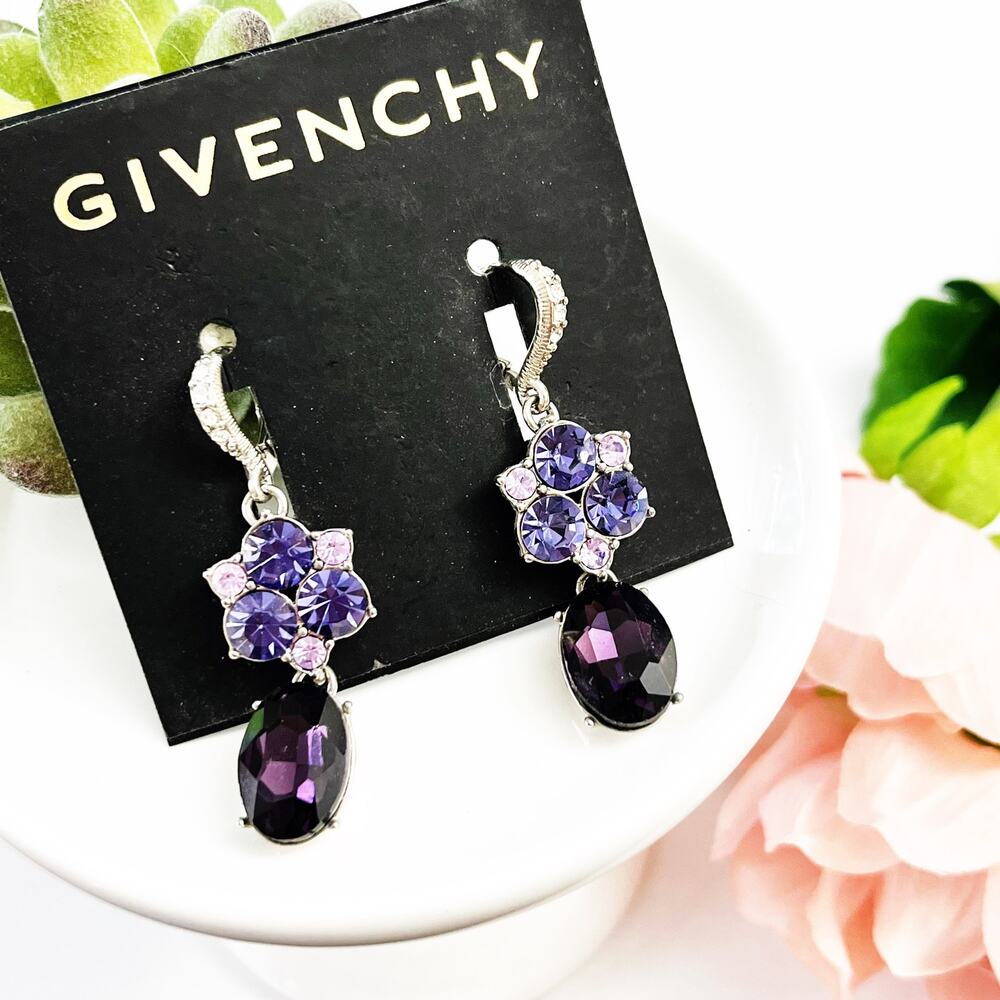 NEW Givenchy Purple Crystal Flower Drop Chandelier Earrings